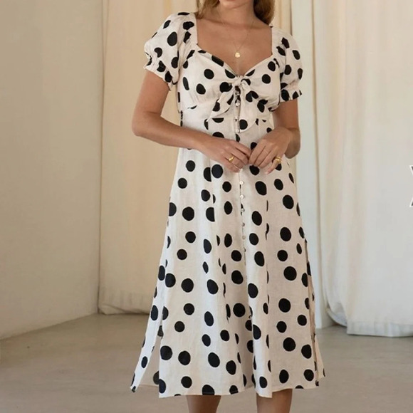Kivari Rammy Polka Dot Midi Tie Front Linen Dress Cream/Black Size Medium EUC - Picture 1 of 9